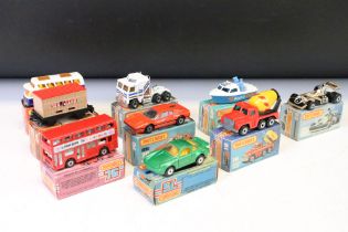 Nine boxed Matchbox 75 Series diecast models to include 52 Police Launch, 3 Porsche Turbo, 45