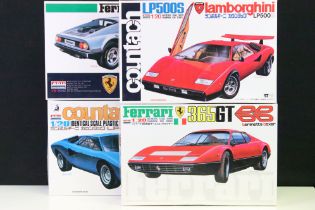 Four boxed ARII 1/20 plastic model car kits to include AR63A Countach Lamborghini LP500S, AR63B
