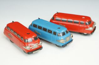 Three Schuco tin plate clockwork 3044 Varianto Bus models to include 2 x red and 1 x blue, no