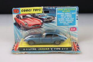 Boxed / carded Corgi 335 4.2 Litre Jaguar E Type 2+2 diecast model in metallic blue, diecast vg, box