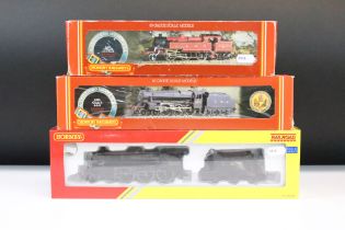 Three boxed Hornby OO gauge locomotives to include R2881 LMS Class S 5112, R320 LMS Class 5 Loco