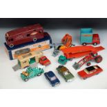 10 Mid 20th C play worn diecast models to include a boxed Dinky 581 Horse Box, Corgi Marlin