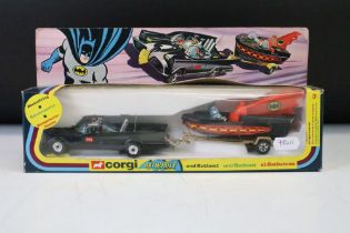 Boxed Corgi 3 Batmobile and Batboat diecast model set, complete with Batman & Robin figures, diecast