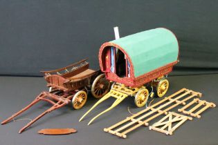 Scratch built Romany style wooden caravan model with fitted interior and painted decoration (