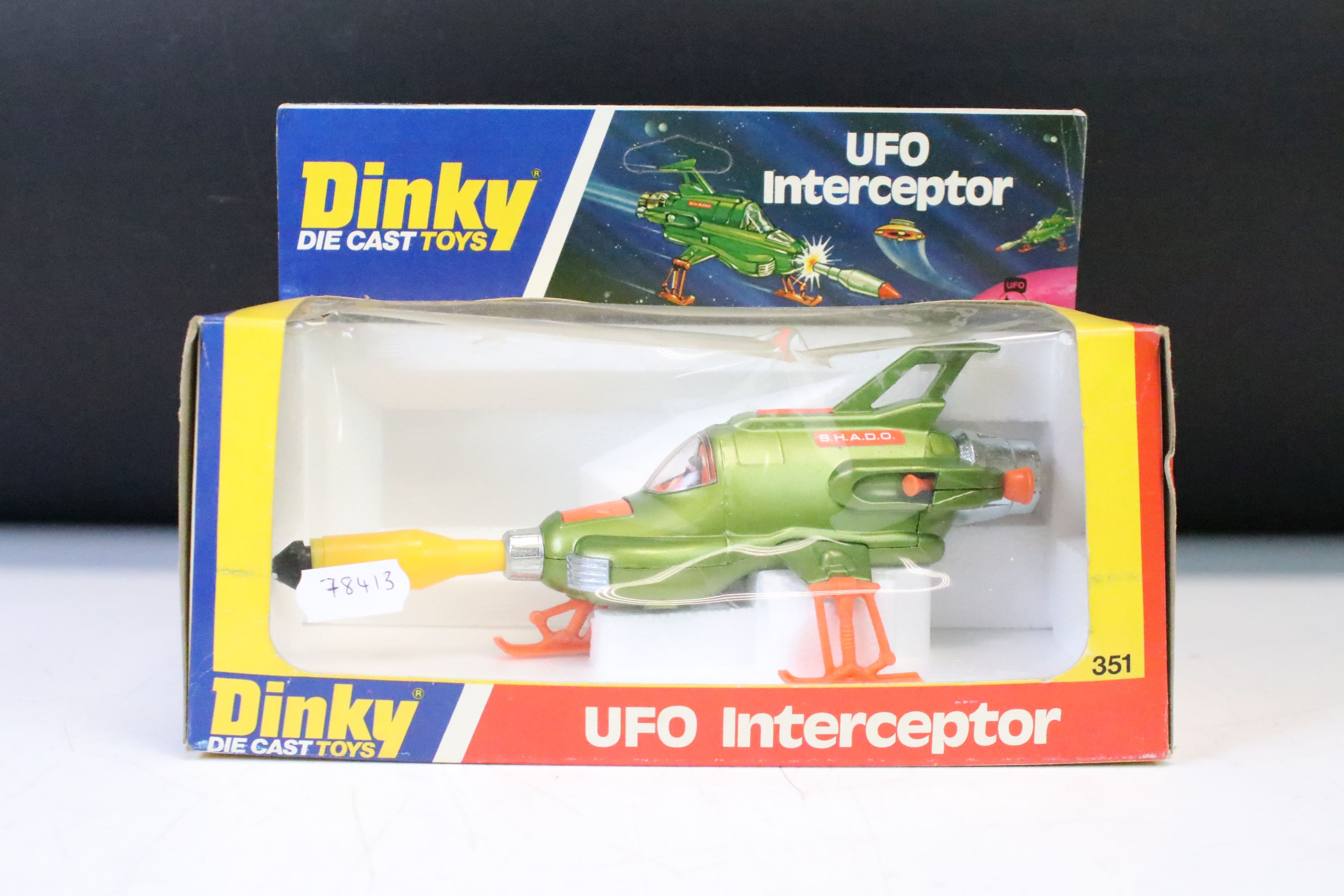 Boxed Dinky 351 UFO Interceptor diecast model, diecast ex, box vg with split to box window