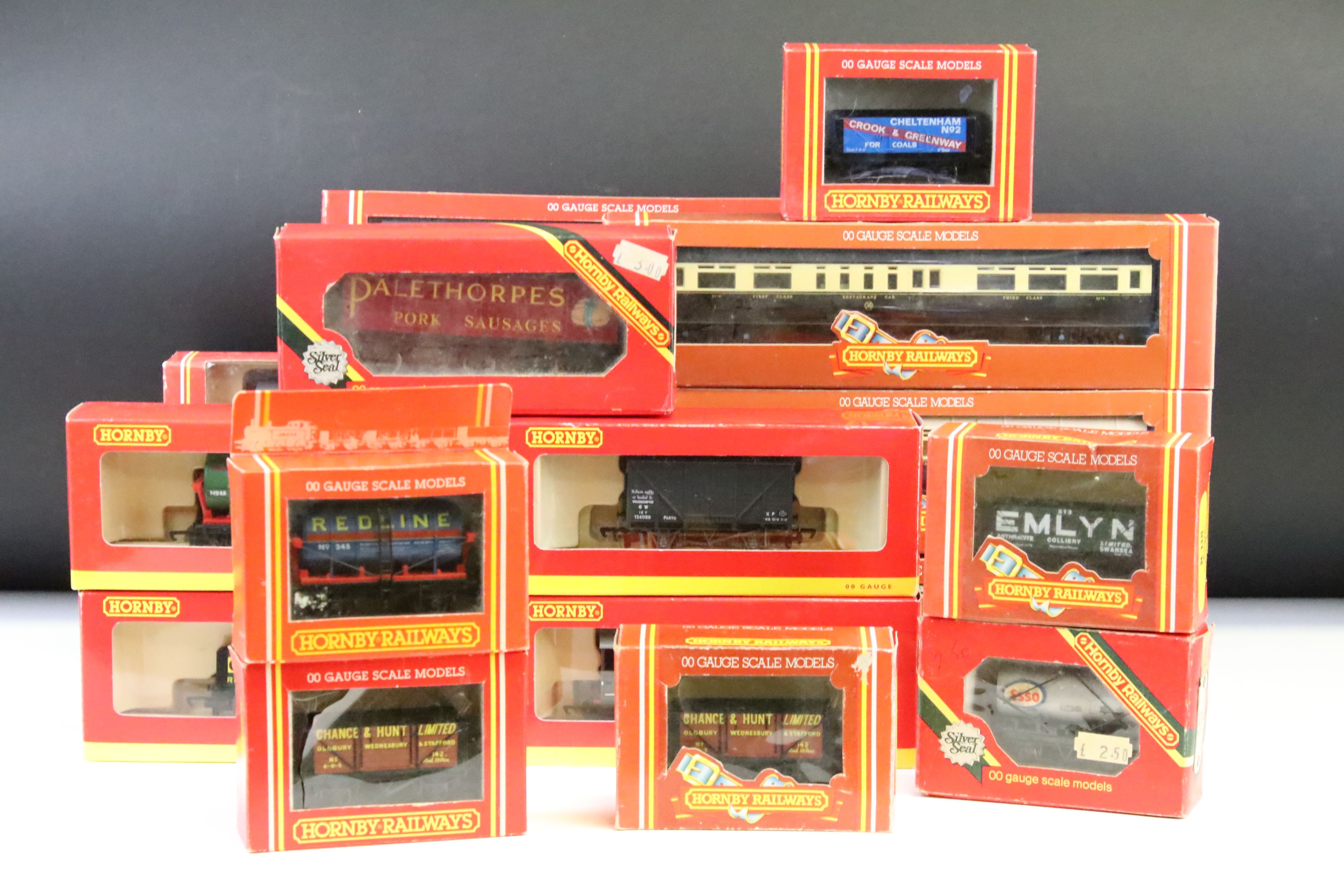 17 Boxed Hornby OO gauge items of rolling stock to include R4095 LMS 68ft Dining Car 235, R440 GWR