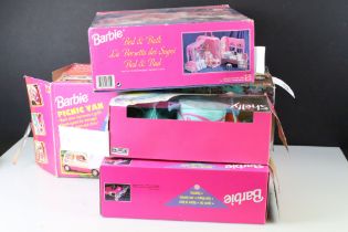 Four boxed Mattel Barbie playsets / accessories to include 13185 Picnic Van, 18605 Bed & Bath,