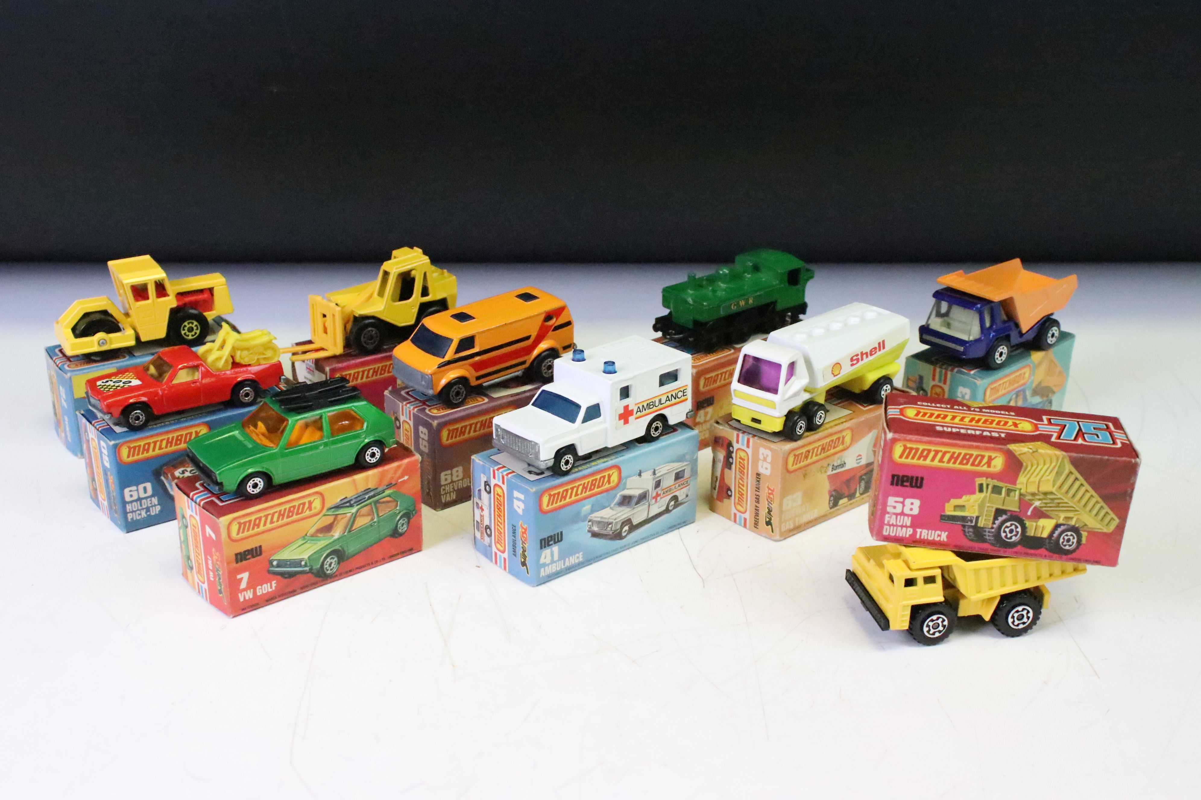 Ten boxed Matchbox 75 Series diecast models to include 68 Chevrolet Van, 63 Freeway Gas Tanker, 58