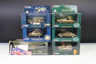 Five cased ltd edn Corgi gold plated diecast models to include 02002 Morris Minor, 07103 Land Rover,