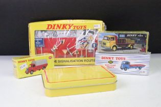 Four sealed boxed Atlas Dinky diecast models and set to include 593 Road Signs, 512 Guy Flat