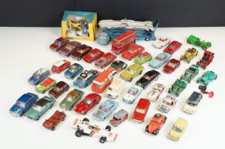 Around 45 play worn mid 20th C diecast models to include Corgi, Dinky and Matchbox plus a boxed