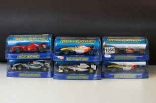 Six cased Scalextric F1 slot cars to include C3263 Mercedes GP Petronas 2012 Schumacher No 7,