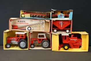 Seven boxed ERTL farming vehicles and implements to include 183 Massey Ferguson Tractor, 182