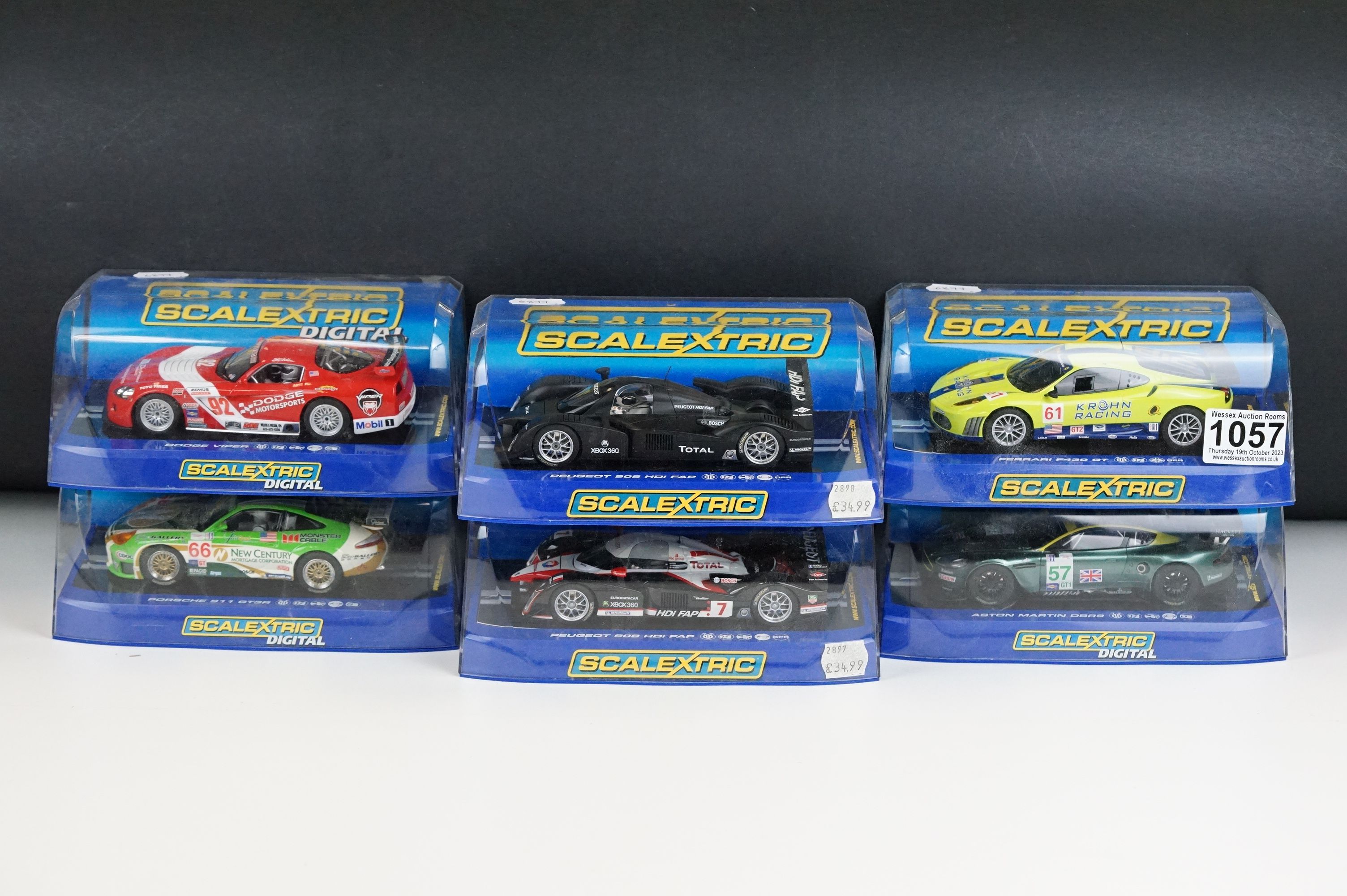 Six cased Scalextric slot cars to include C3080 Ferrari F430 GT2 Krohn Racing ,C2644D Aston Martin