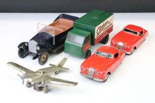 Five tin plate & plastic models to include 1930/40s Hammerer & Kuhlwein TRO345 plane, Japanese