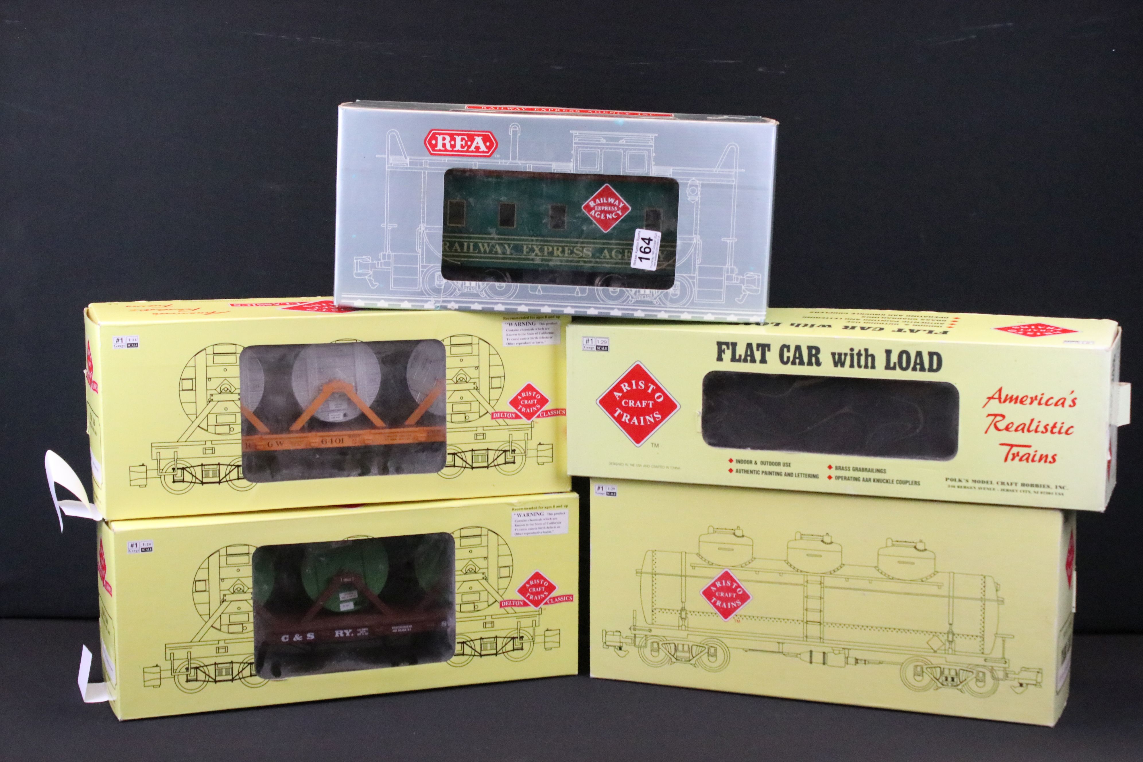 Five boxed #1 Gauge 1:29 items of rolling stock to include 4 x Aristo Craft (3 x Flat Car