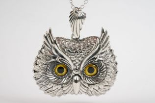 Silver Owl Pendant Necklace with glass eyes on Silver Chain