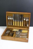 Mappin & Webb silver plated six-setting canteen of cutlery, housed within an oak case. (Missing 3