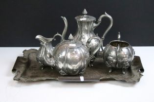 Victorian silver plated four-piece tea set with repousse floral decoration and acanthus feet, to