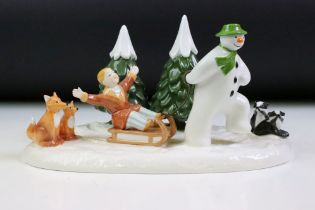 Coalport Characters the Snowman 'Winter Fun' figurine group featuring a tobogganing scene.