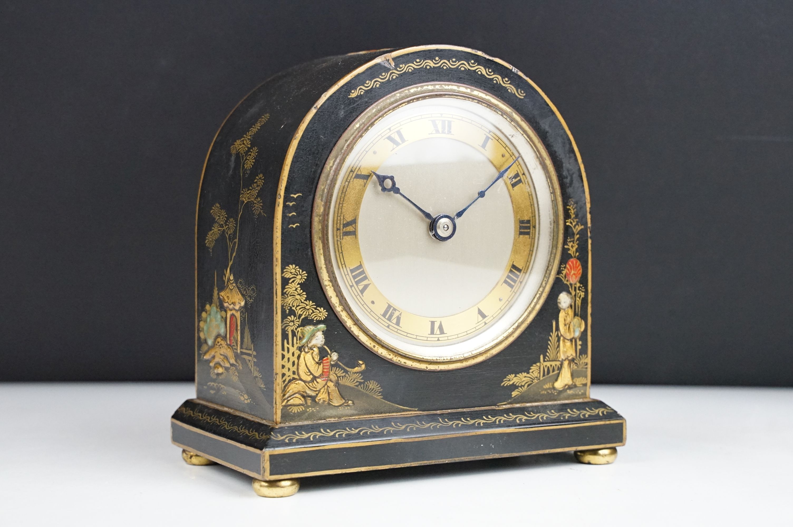 Domed Mantle Clock with Japanese Chinoiserie decoration, the gilt dial with Roman numerals. (