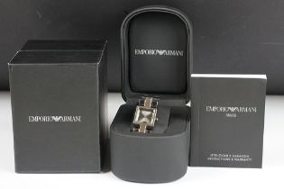 A ladies Emporio Armani steel cased wristwatch complete with boxes.