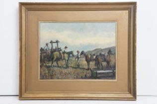 Oil on board study of cowboys and horse by a corral with hills in background, 29cm x 39cm