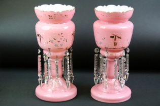 Pair of 19th Century Victorian pink glass lustres having shaped rims with gilt jand enamelled