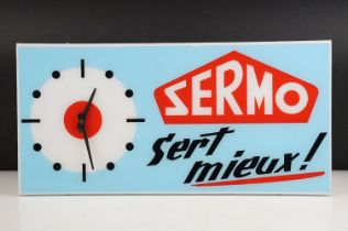 Advertising - ' Sermo - Sert Mieux! ' French advertising clock on a pale blue ground, approx 49cm