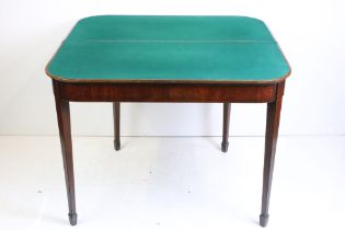 Regency style Mahogany Fold-over Card Table raised on square tapering legs with spade feet, 95cm