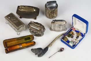 A small group of mixed collectables to include table lighters, piper, amber cheroot holder with 15ct