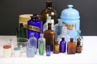 Collection of glass bottles / jars to include a blue glass pharmacy jar & stopper (labelled ' Mag.