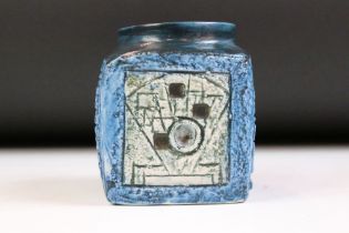 Troika Cornish pottery 1960's cube vase having textured sides in a blue colourway. Signed Troika