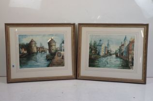 Pair of Signed Traditional Coloured Etching Views of Bruges, circa 1918/1930, both having monogram