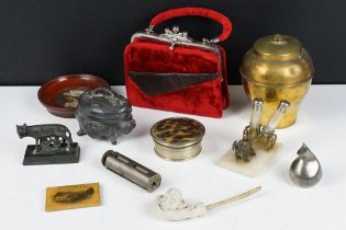 A small group of mixed collectables to include a British Empire exhibition brass tea caddy,