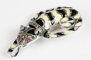 Silver and Enamel Leopard Brooch / Pendant Necklace with ruby eyes