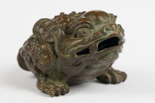 A Chinese lucky Jin Chan ornamental money toad bronze rattling figure.