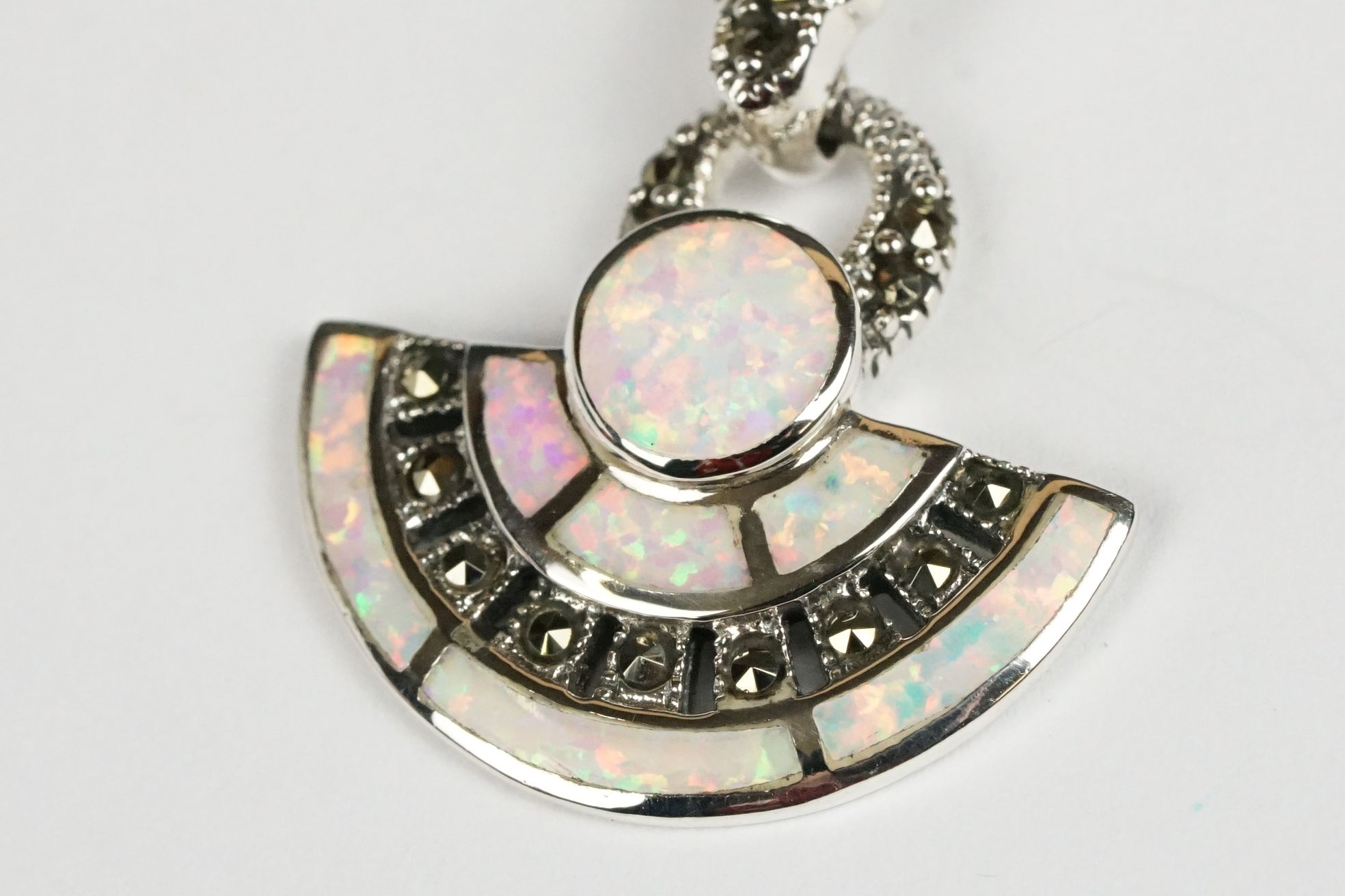 Silver Pendant Necklace set with Mother of Pearl, Marcasite and Opal - Image 2 of 7
