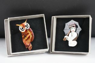 Two Boxed Lea Stein style Brooches in the form of Owl and an Art Deco Lady with umbrella