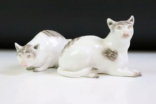 Two Sutherland china cat figurines in a naive style. Both marks Sutherland china to the bases.
