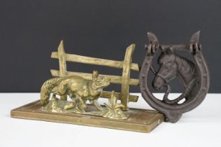 Early 20th century brass letter rack in the form of a fox with fence behind (20.5cm wide),