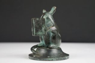 Bronze Mouse sat reading a book, 10cm high