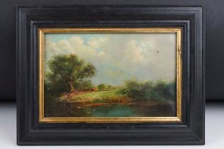 English School, figures by a riverside, oil on panel, 13.5 x 21cm, framed and glazed