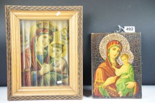 Two Russian religious icons, one box framed with three different images, the Madonna, the Madonna