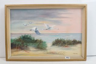 Hubert Bauer (b. 1905) Oil on Canvas of Swans in Flight, signed, 40cm x 60cm