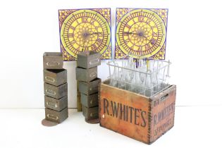 Collection of vintage coop milk bottles together with an R White's wooden advertising crate, two