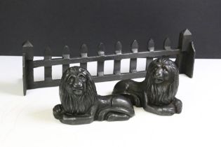 Pair of Cast Iron ' Lion ' Fire Dogs, each 20cm long together with a Cast Iron Fire Grate Front