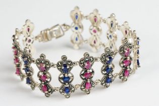 Silver Marcasite Ruby and Sapphire Bracelet