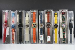 A collection of ten unworn Swatch Swiss made wristwatches to include 1996 Atlanta Olympics,