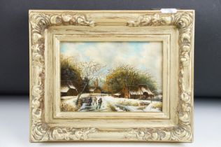 Oil on Panel Village Scene with figures skating on frozen river, 11cm x 16cm